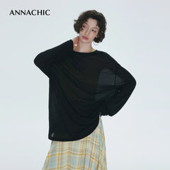ANNACHIC“呼吸T”轻透裸感天丝长袖T恤女/宽松防晒罩衫空气T上衣