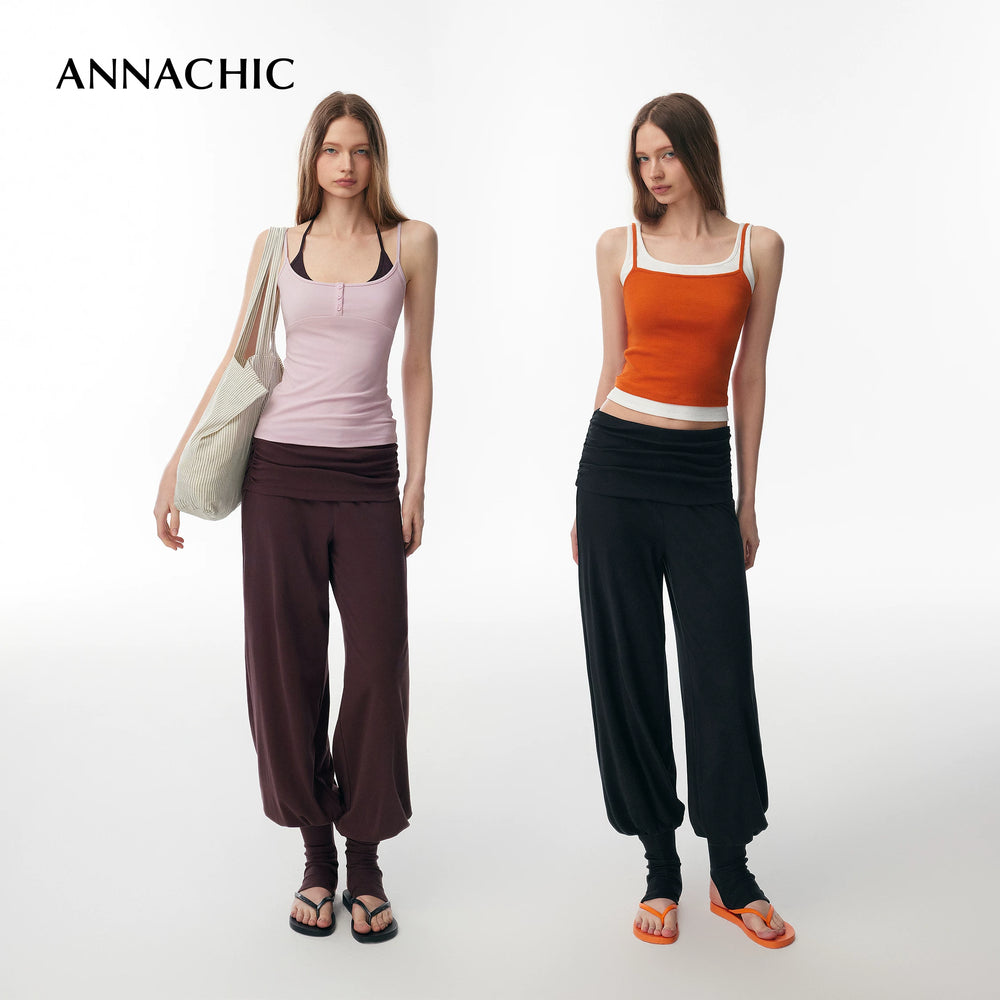 ANNACHIC Fashionable Sportiness _ Fake Two piece Hip Covering Pants/Foot Stepping Exercise Yoga Pants Tight Fitness Pants