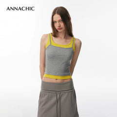 ANNASHIC Fashionable Stacked Wear | M1u Series Color Contrasting Fake Two piece Strap Tank Top for Women's Summer Hot Girl, Slim Fit Elastic Top