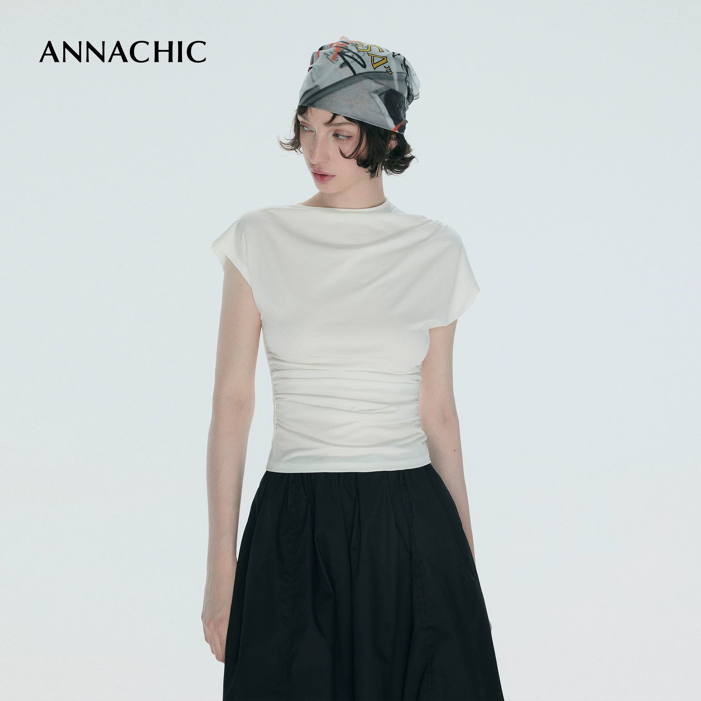 ANNACHIC Line Aesthetics _ White Irregular Little Flying Sleeve T-shirt for Women with Folded Waist Short Sleeve/Sleeveless Top