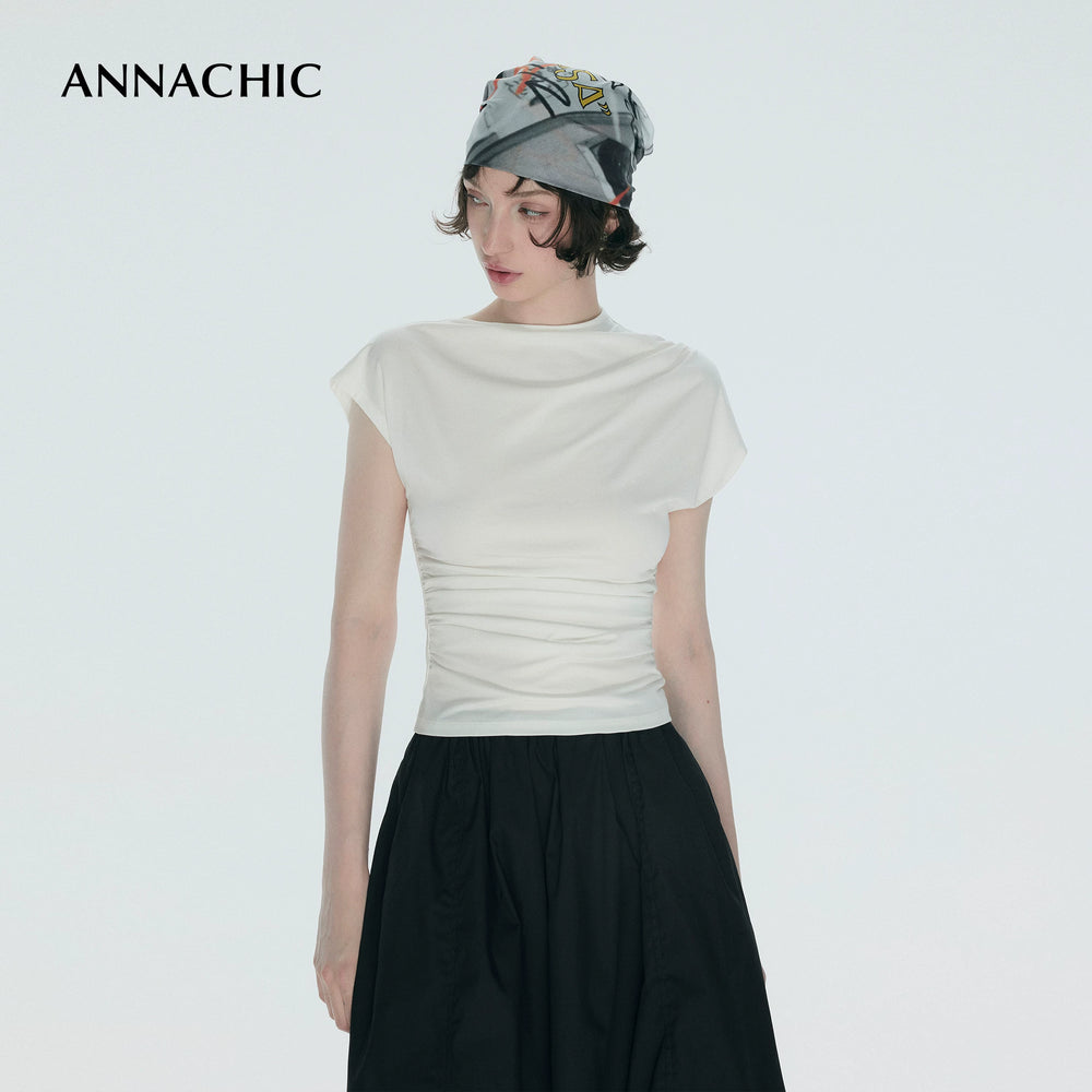 ANNACHIC Line Aesthetics _ White Irregular Little Flying Sleeve T-shirt for Women with Folded Waist Short Sleeve/Sleeveless Top
