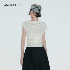 ANNACHIC Line Aesthetics _ White Irregular Little Flying Sleeve T-shirt for Women with Folded Waist Short Sleeve/Sleeveless Top