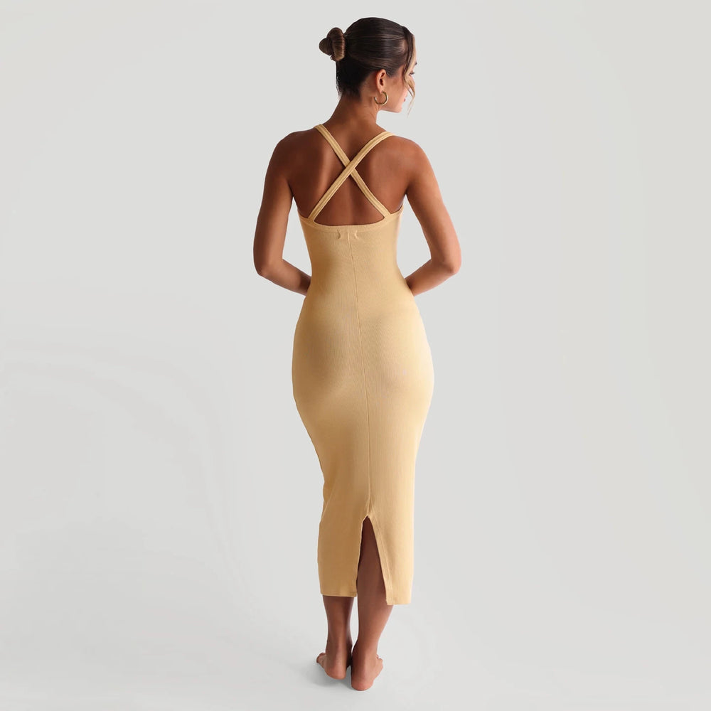 2026 Spring/Summer American style halter dress long, women's high-end, sexy square neck slim fit suspender dress with slit