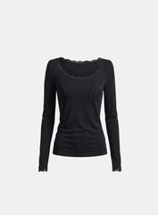 Badblood Women's Off-Shoulder Lace Trim Sheer Long Sleeve Top