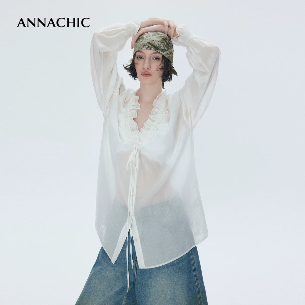 ANNASHIC Stylish Blogger's Style _ Lightweight and Micro Transparent Ruffle Drawn Collar Shirt _ Loose Sunscreen Shirt