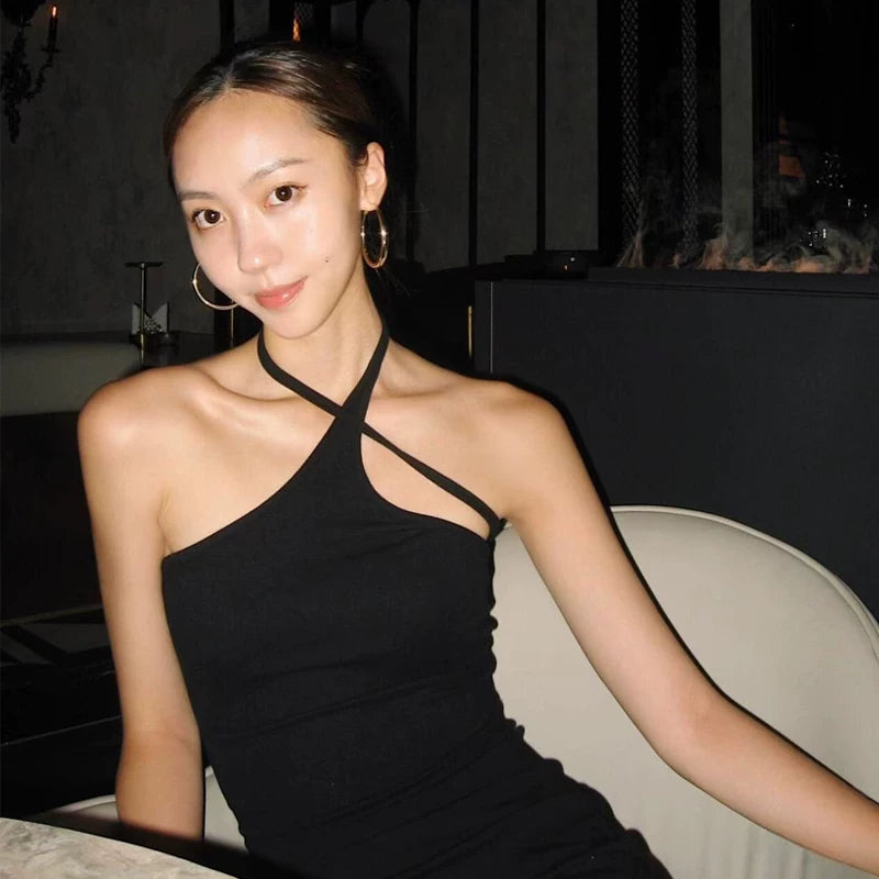 Summer clothing niche single shoulder hanging neck camisole vest with chest cushion sexy spicy girl backless irregular camisole top for women