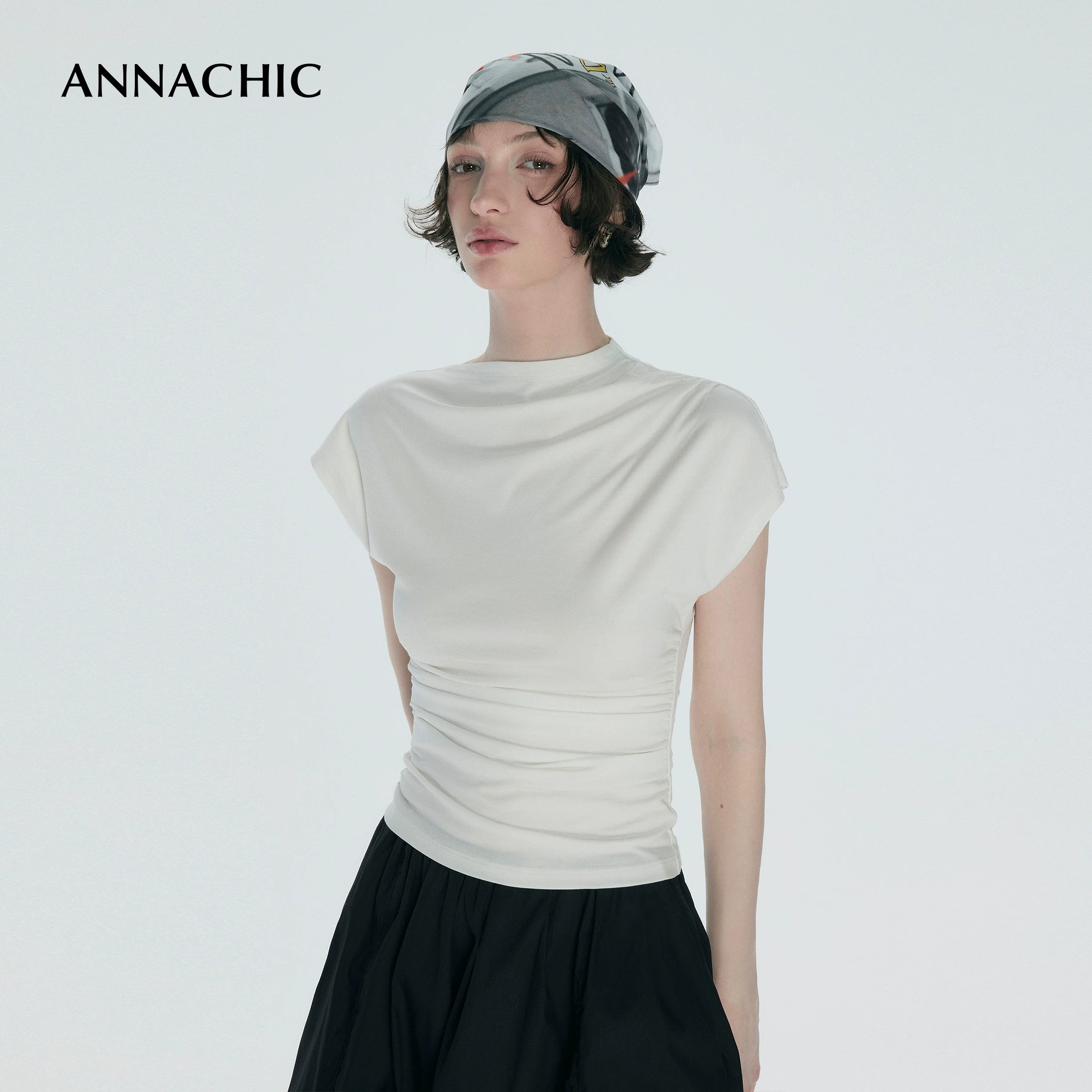 ANNACHIC Line Aesthetics _ White Irregular Little Flying Sleeve T-shirt for Women with Folded Waist Short Sleeve/Sleeveless Top