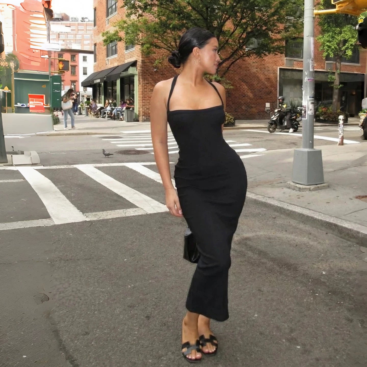 2026 Spring/Summer American style halter dress long, women's high-end, sexy square neck slim fit suspender dress with slit