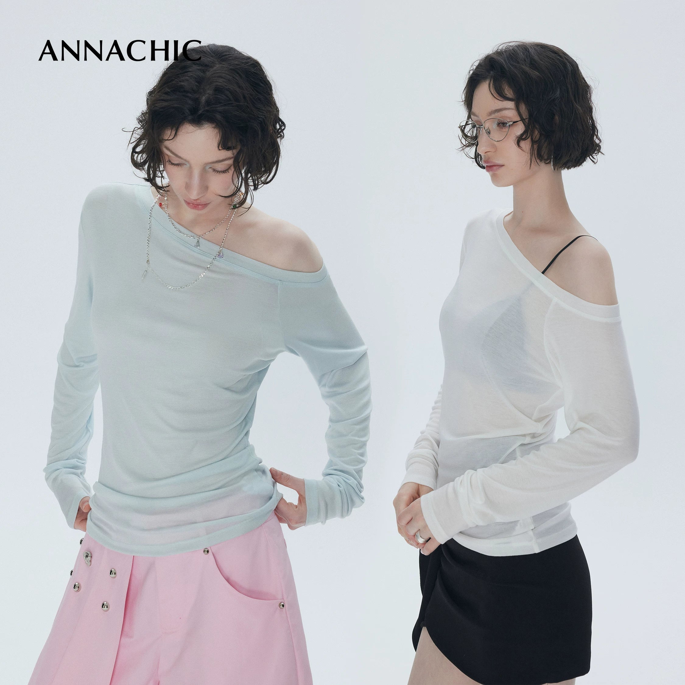 ANNASHIC full score slanted shoulder light transparent nude feeling Tencel long sleeved T-shirt women's thin sunscreen cover shirt off shoulder top