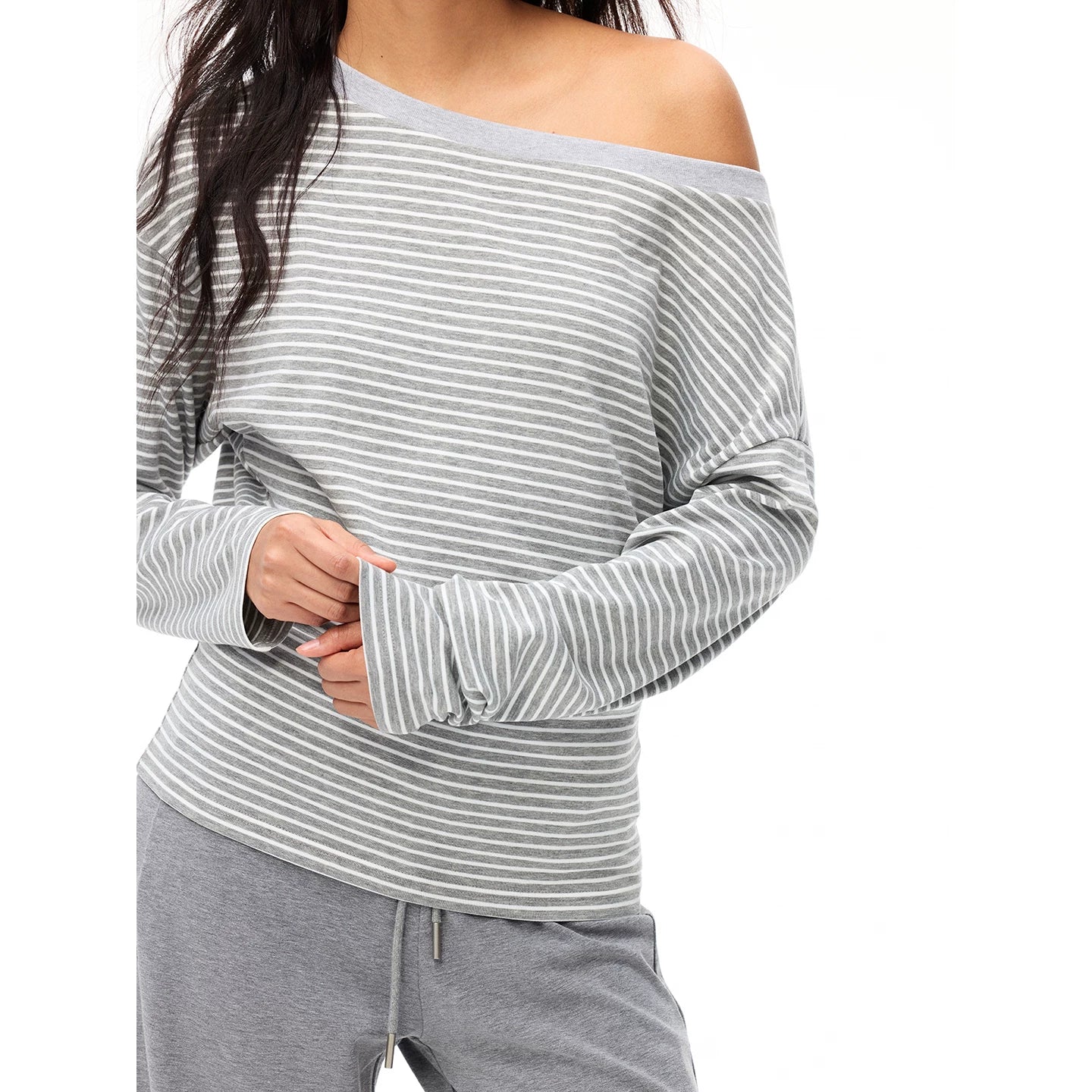 Our Stage Drop Smooth Slant Shoulder One Shoulder Top Women's Loose Look Slimming Striped Long Sleeve T-shirt