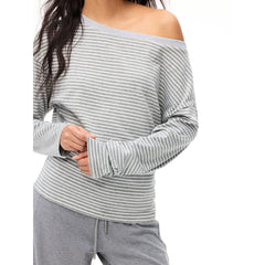 Our Stage Drop Smooth Slant Shoulder One Shoulder Top Women's Loose Look Slimming Striped Long Sleeve T-shirt