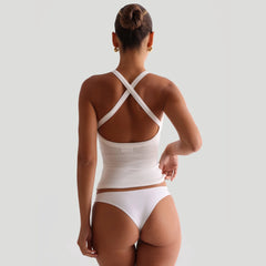 2026 American round neck sleeveless top for spicy girls, tight fitting and sexy, pure desire with chest cushion, cross backless camisole vest for women