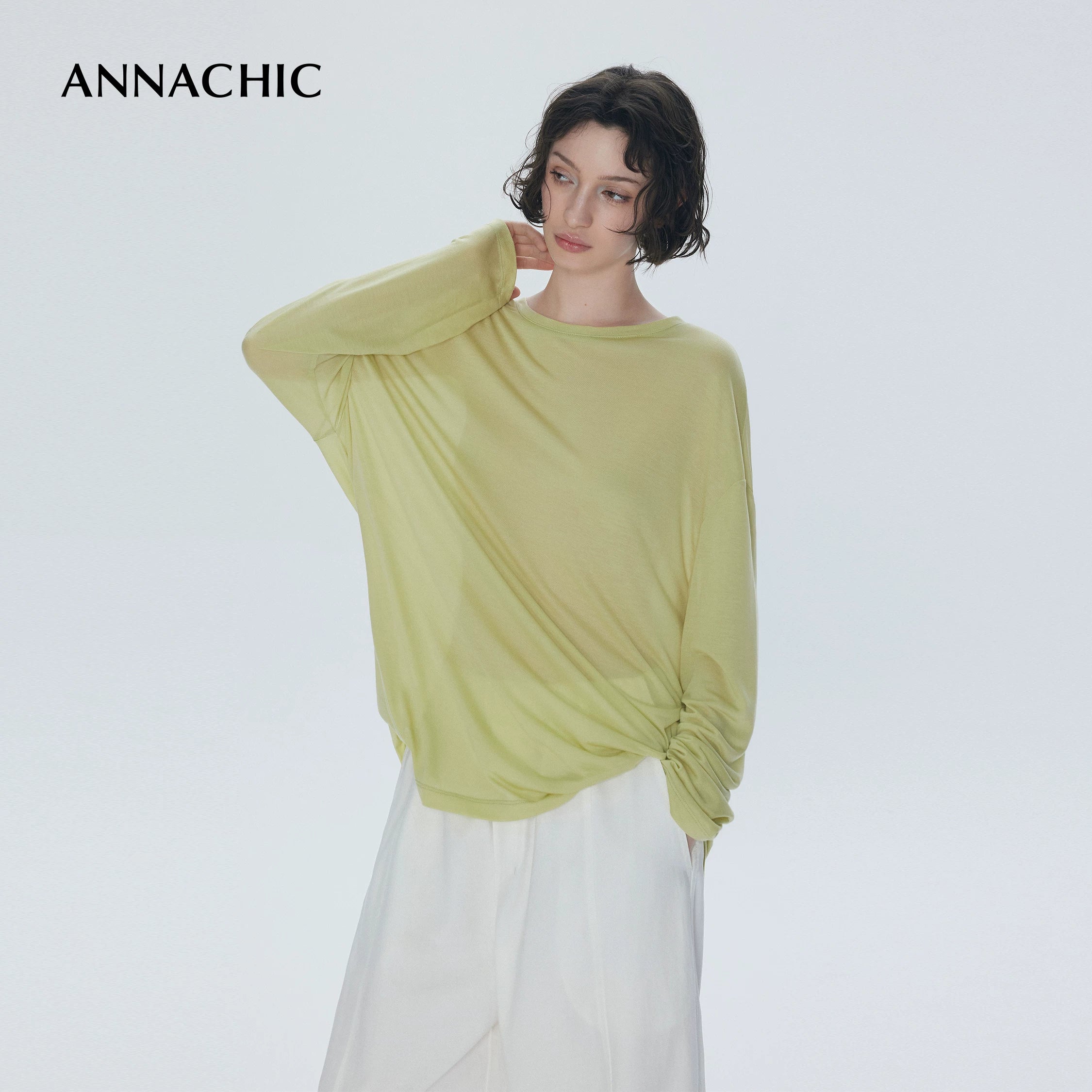 ANNACHIC“呼吸T”轻透裸感天丝长袖T恤女/宽松防晒罩衫空气T上衣