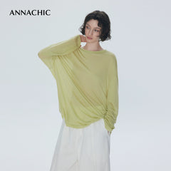 ANNACHIC“呼吸T”轻透裸感天丝长袖T恤女/宽松防晒罩衫空气T上衣