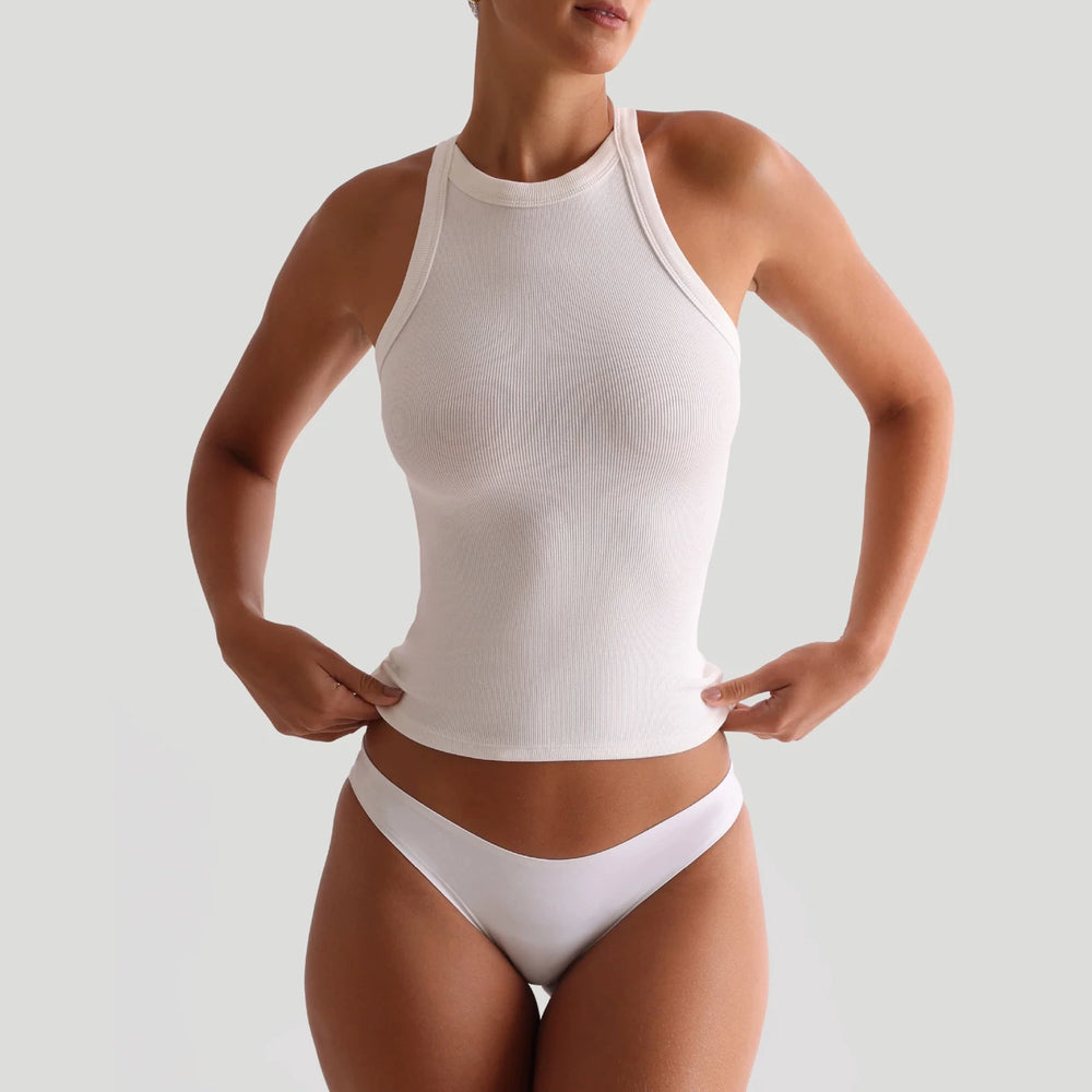 2026 American round neck sleeveless top for spicy girls, tight fitting and sexy, pure desire with chest cushion, cross backless camisole vest for women