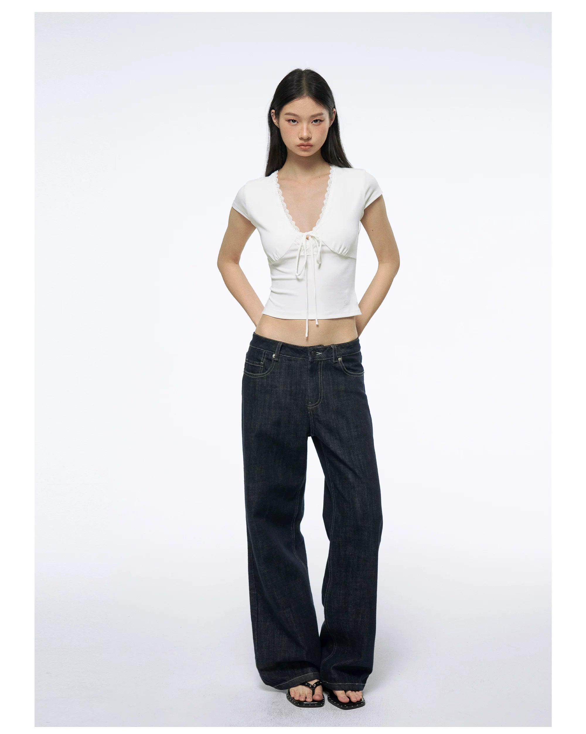 Women's Deep V-Neck Lace Trim Tie-Front Slim Fit T-Shirt