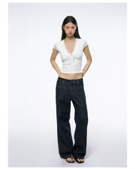 Women's Deep V-Neck Lace Trim Tie-Front Slim Fit T-Shirt