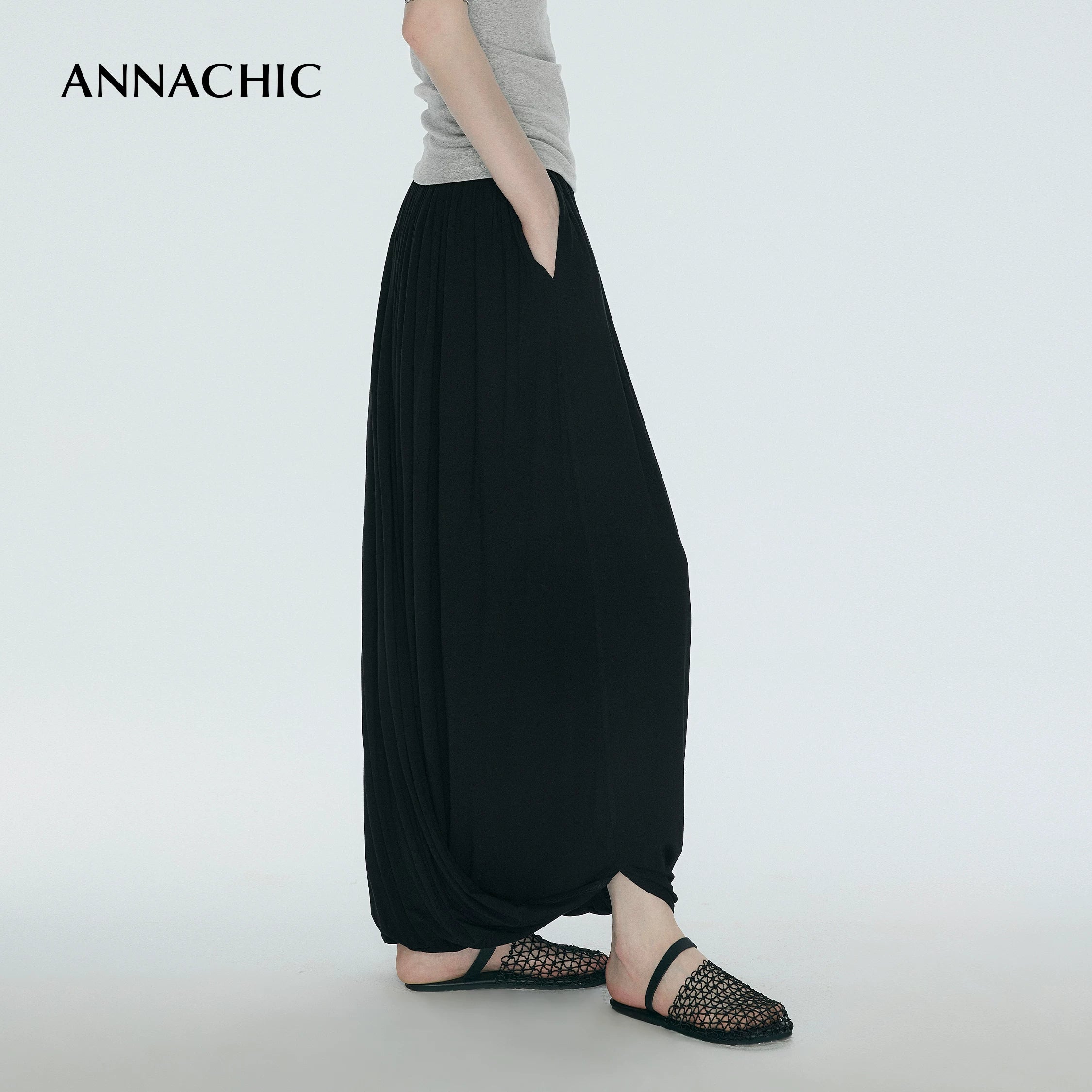 ANNASHIC Fashionable Lazy _ Double layer Knot Deconstructed Knitted Half Skirt Women's Long Skirt Pants Flower Bud Skirt