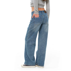 Our Stage 100% cotton mid low rise retro casual loose straight tube slimming versatile washed blue jeans