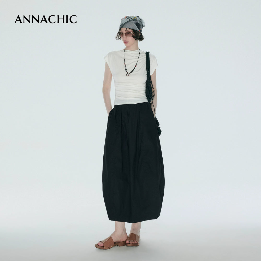 ANNACHIC Line Aesthetics _ White Irregular Little Flying Sleeve T-shirt for Women with Folded Waist Short Sleeve/Sleeveless Top