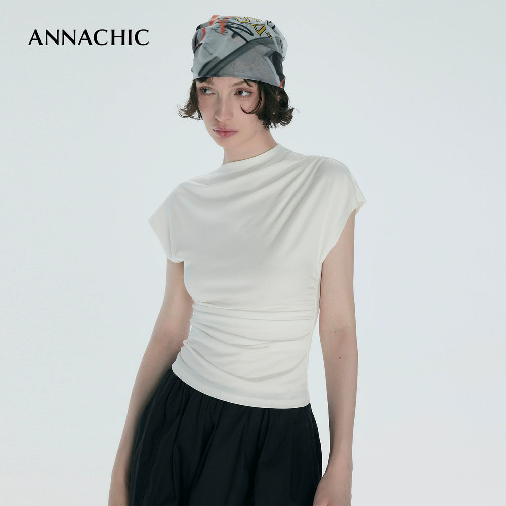 ANNACHIC Line Aesthetics _ White Irregular Little Flying Sleeve T-shirt for Women with Folded Waist Short Sleeve/Sleeveless Top