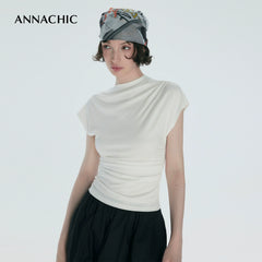 ANNACHIC Line Aesthetics _ White Irregular Little Flying Sleeve T-shirt for Women with Folded Waist Short Sleeve/Sleeveless Top
