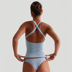 2026 American round neck sleeveless top for spicy girls, tight fitting and sexy, pure desire with chest cushion, cross backless camisole vest for women