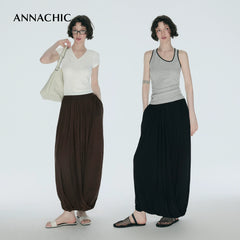 ANNASHIC Fashionable Lazy _ Double layer Knot Deconstructed Knitted Half Skirt Women's Long Skirt Pants Flower Bud Skirt
