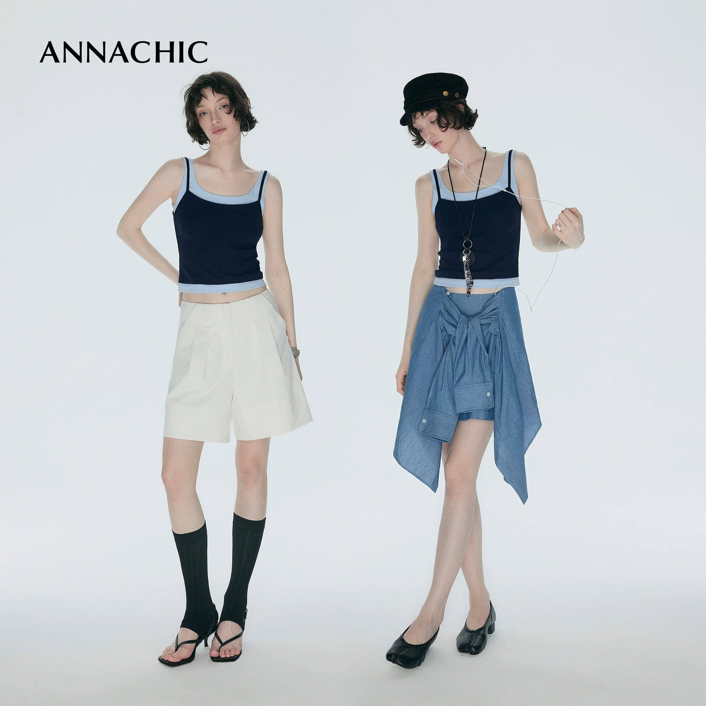 ANNASHIC Fashionable Stacked Wear | M1u Series Color Contrasting Fake Two piece Strap Tank Top for Women's Summer Hot Girl, Slim Fit Elastic Top