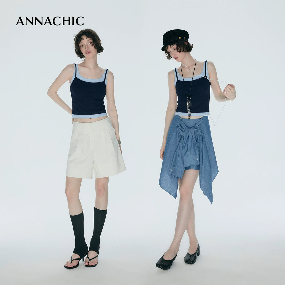 ANNASHIC Fashionable Stacked Wear | M1u Series Color Contrasting Fake Two piece Strap Tank Top for Women's Summer Hot Girl, Slim Fit Elastic Top