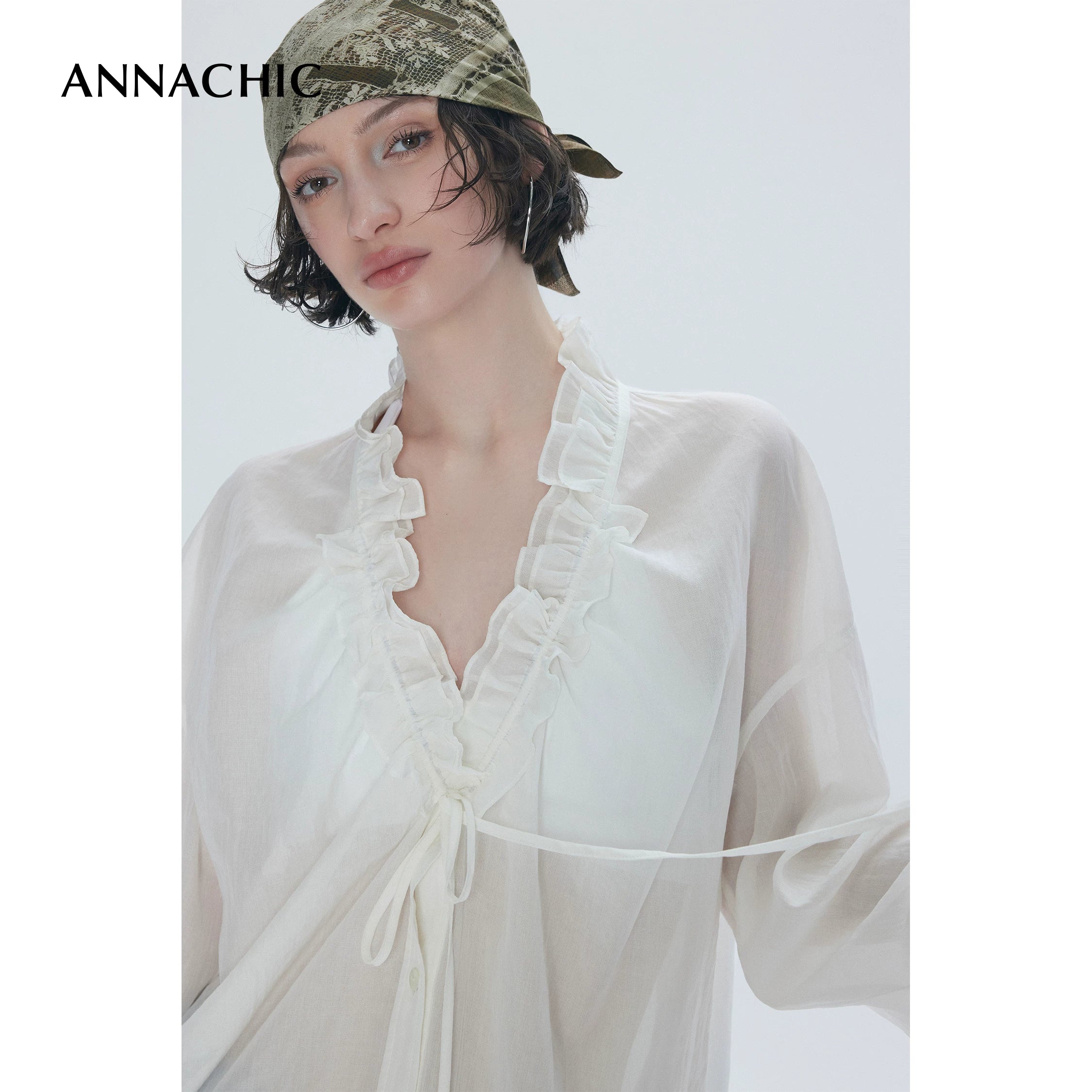 ANNASHIC Stylish Blogger's Style _ Lightweight and Micro Transparent Ruffle Drawn Collar Shirt _ Loose Sunscreen Shirt