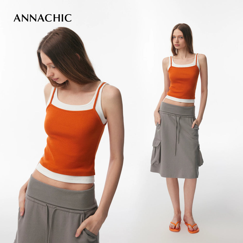 ANNASHIC Fashionable Stacked Wear | M1u Series Color Contrasting Fake Two piece Strap Tank Top for Women's Summer Hot Girl, Slim Fit Elastic Top