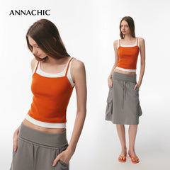 ANNASHIC Fashionable Stacked Wear | M1u Series Color Contrasting Fake Two piece Strap Tank Top for Women's Summer Hot Girl, Slim Fit Elastic Top