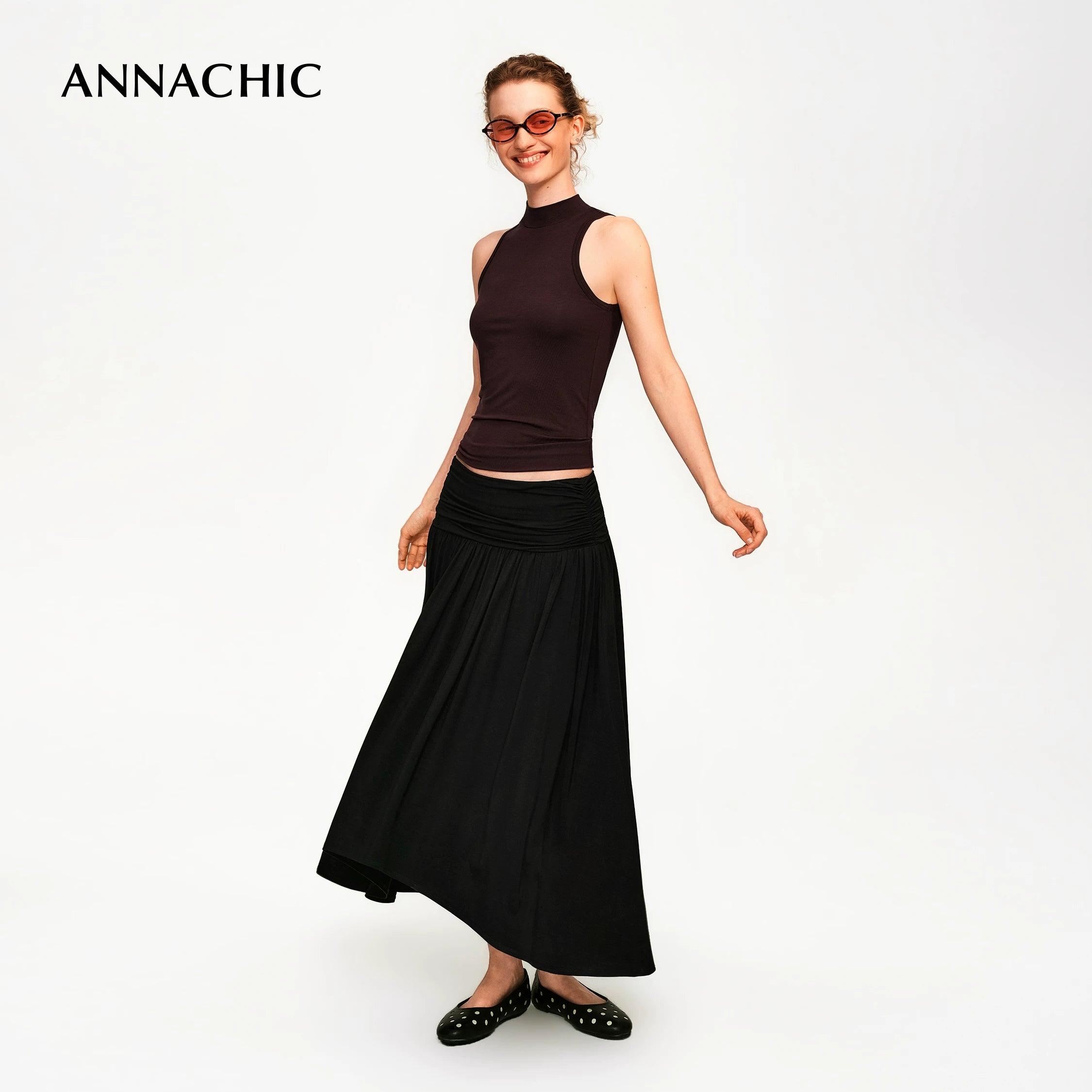 ANNACHIC Naples Holiday _ Irregular Scattered Folded Half Skirt for Women/Flesh Covering Half Skirt Medium length Skirt