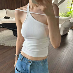 Summer clothing niche single shoulder hanging neck camisole vest with chest cushion sexy spicy girl backless irregular camisole top for women