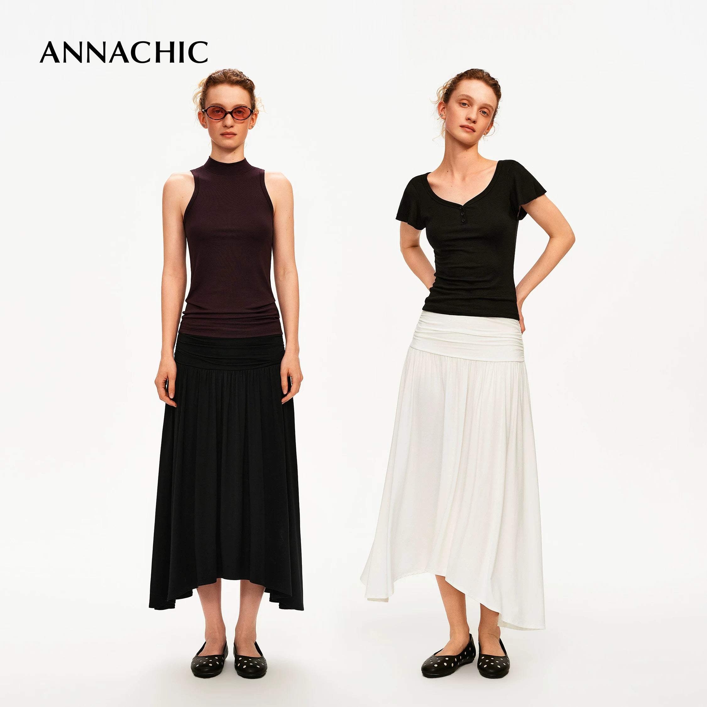 ANNACHIC Naples Holiday _ Irregular Scattered Folded Half Skirt for Women/Flesh Covering Half Skirt Medium length Skirt