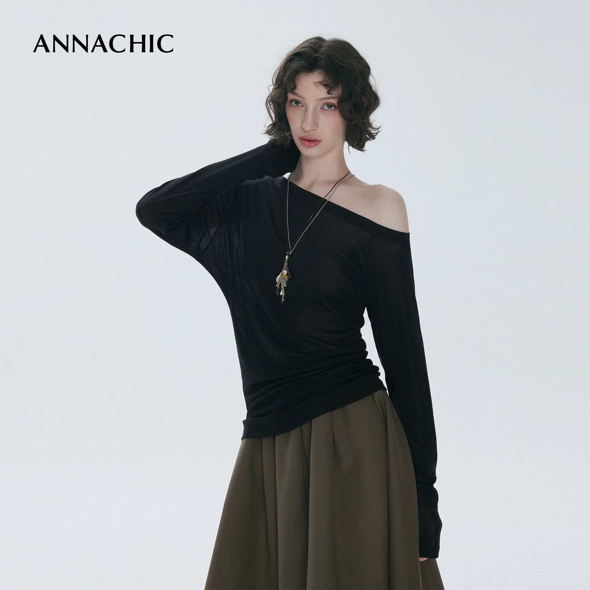 ANNASHIC full score slanted shoulder light transparent nude feeling Tencel long sleeved T-shirt women's thin sunscreen cover shirt off shoulder top