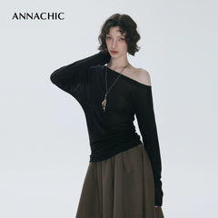 ANNASHIC full score slanted shoulder light transparent nude feeling Tencel long sleeved T-shirt women's thin sunscreen cover shirt off shoulder top