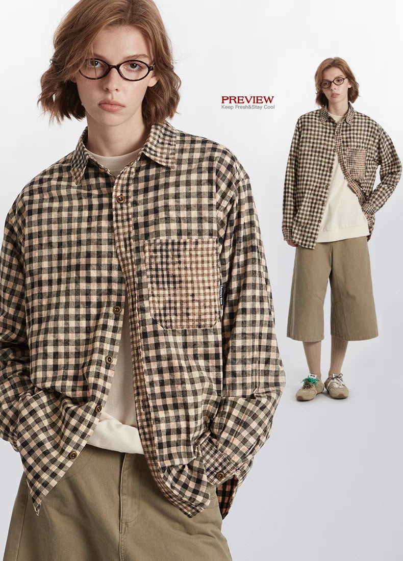 HeyHenry Color Block Plaid Pocket Long Sleeve Shirt