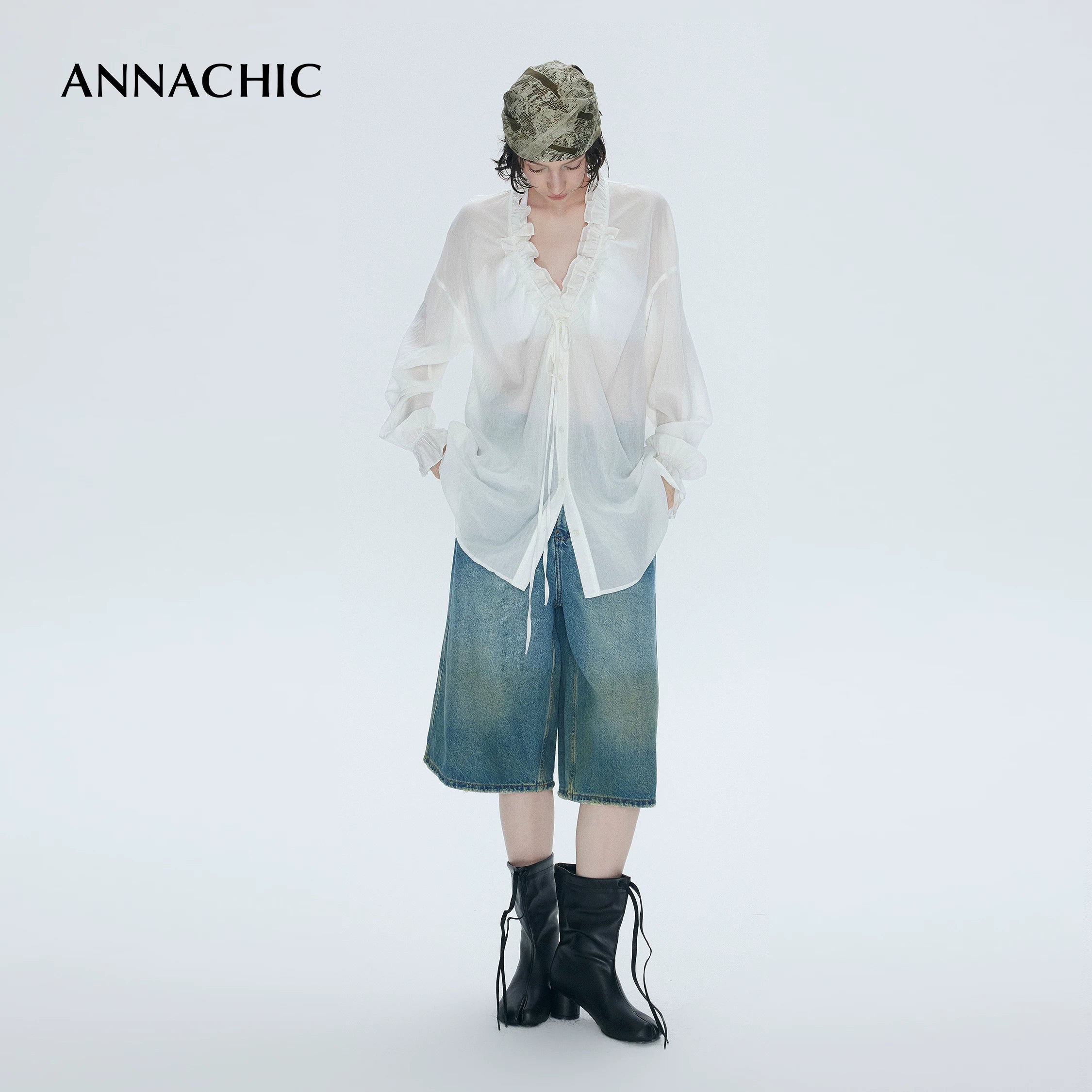 ANNASHIC Stylish Blogger's Style _ Lightweight and Micro Transparent Ruffle Drawn Collar Shirt _ Loose Sunscreen Shirt