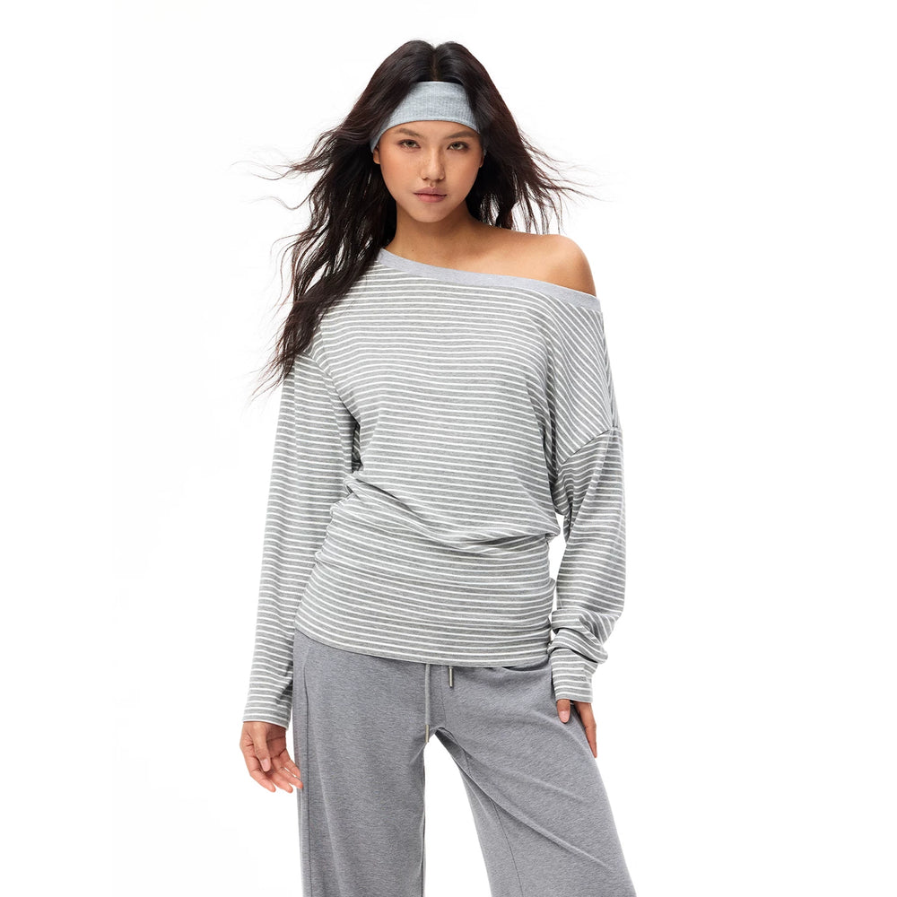 Our Stage Drop Smooth Slant Shoulder One Shoulder Top Women's Loose Look Slimming Striped Long Sleeve T-shirt