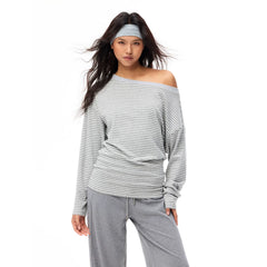 Our Stage Drop Smooth Slant Shoulder One Shoulder Top Women's Loose Look Slimming Striped Long Sleeve T-shirt