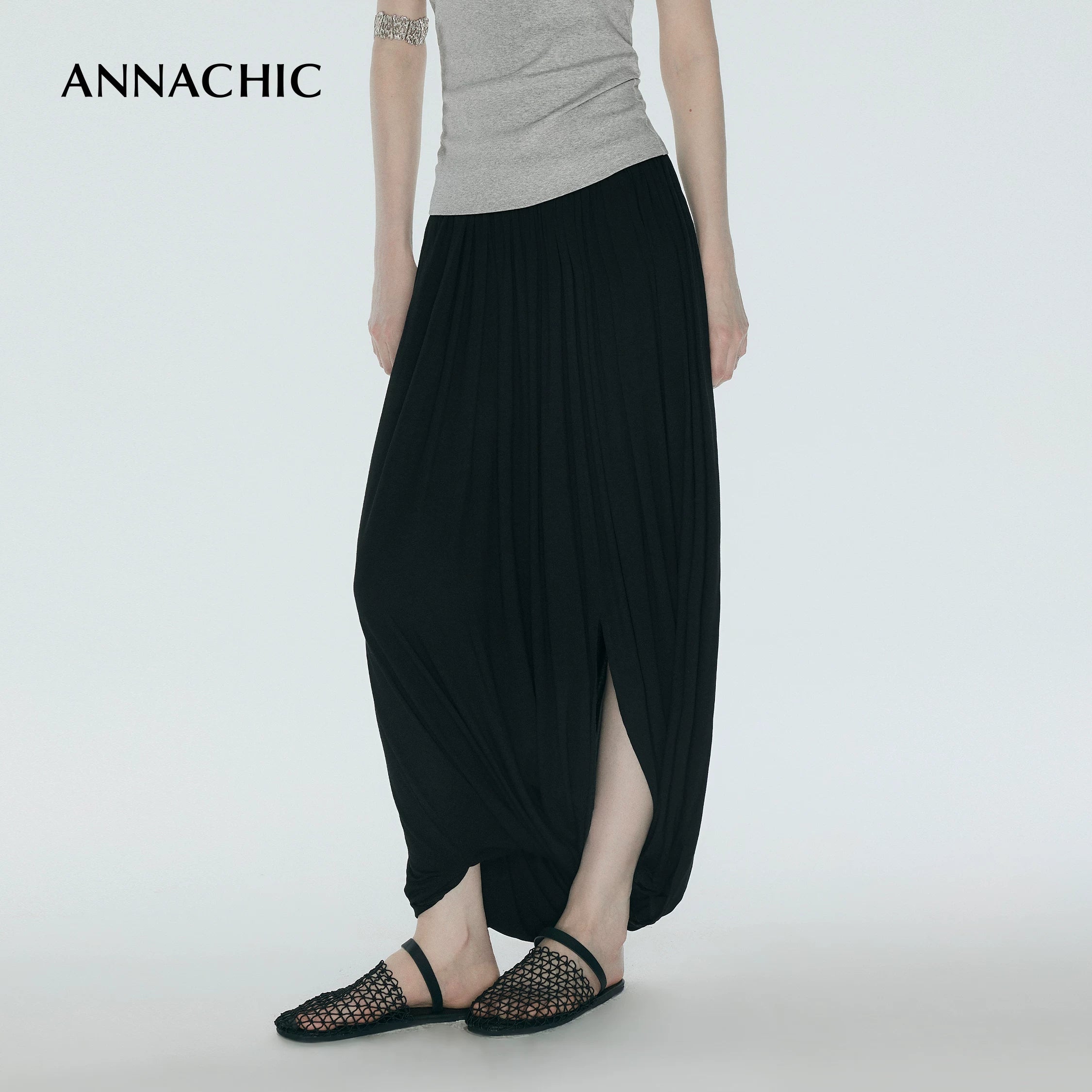 ANNASHIC Fashionable Lazy _ Double layer Knot Deconstructed Knitted Half Skirt Women's Long Skirt Pants Flower Bud Skirt