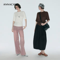 ANNASHIC Relaxation Game _ White Asymmetric Wrinkle Design Short Sleeve T-shirt for Women Summer Air Feel Skin friendly Top