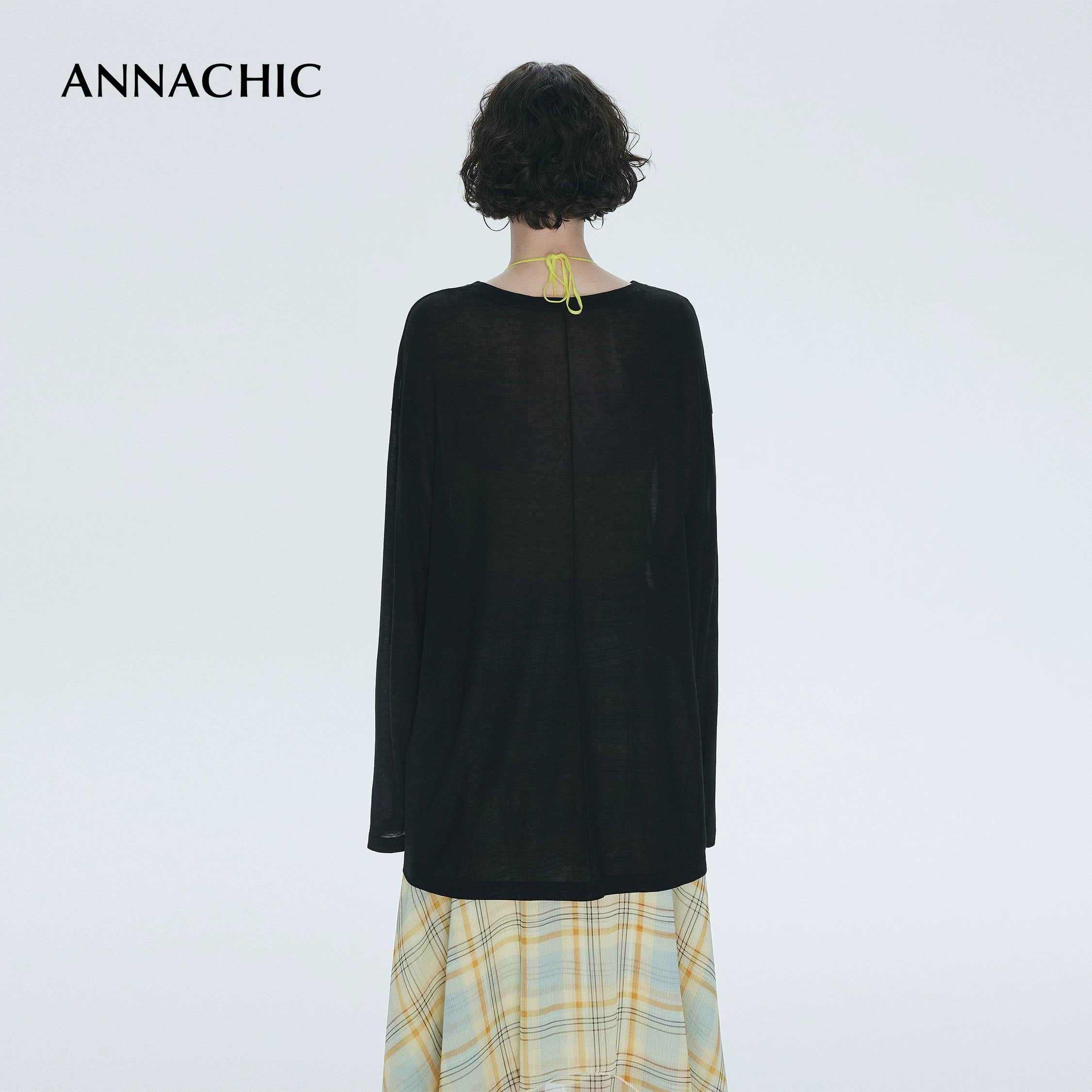 ANNACHIC“呼吸T”轻透裸感天丝长袖T恤女/宽松防晒罩衫空气T上衣
