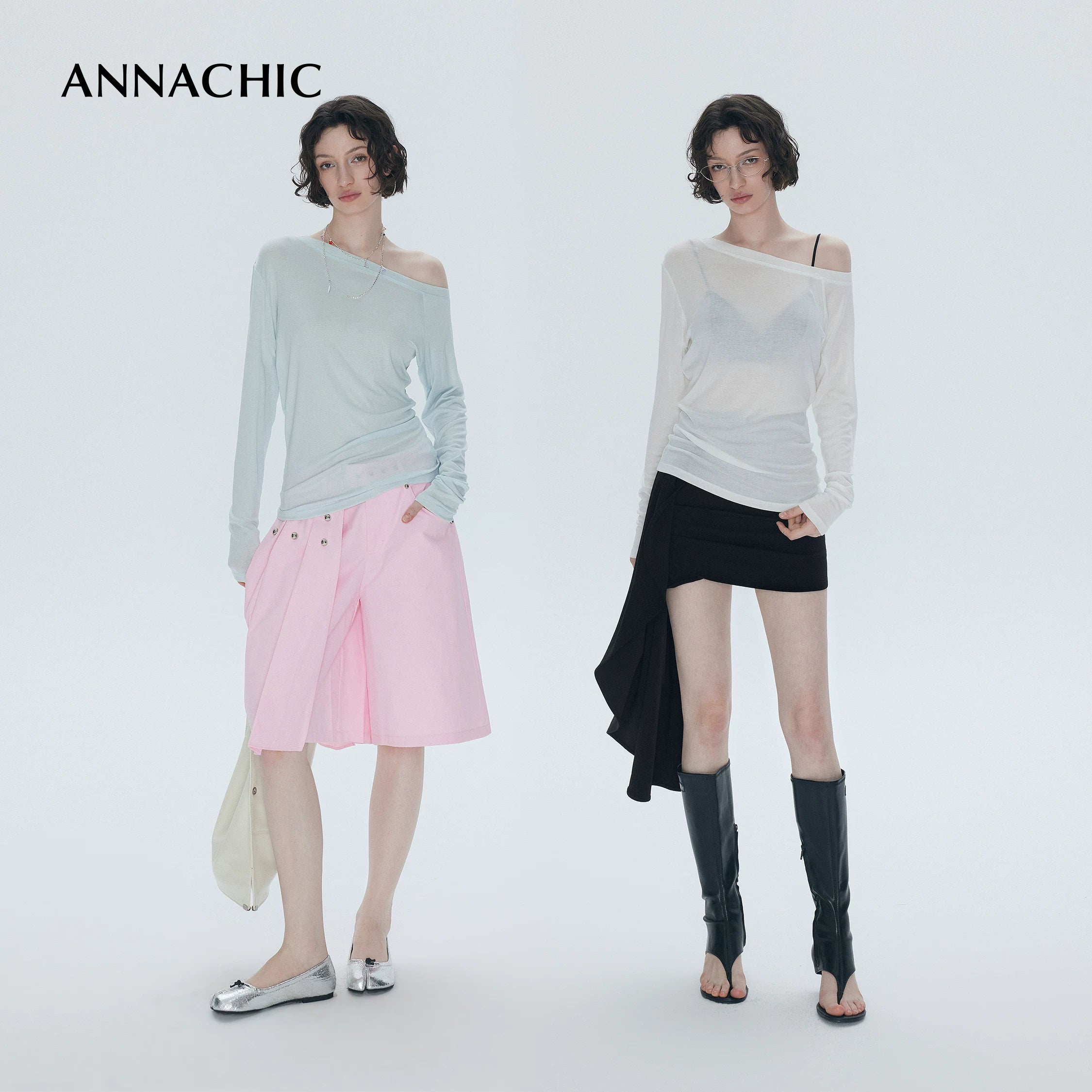 ANNASHIC full score slanted shoulder light transparent nude feeling Tencel long sleeved T-shirt women's thin sunscreen cover shirt off shoulder top