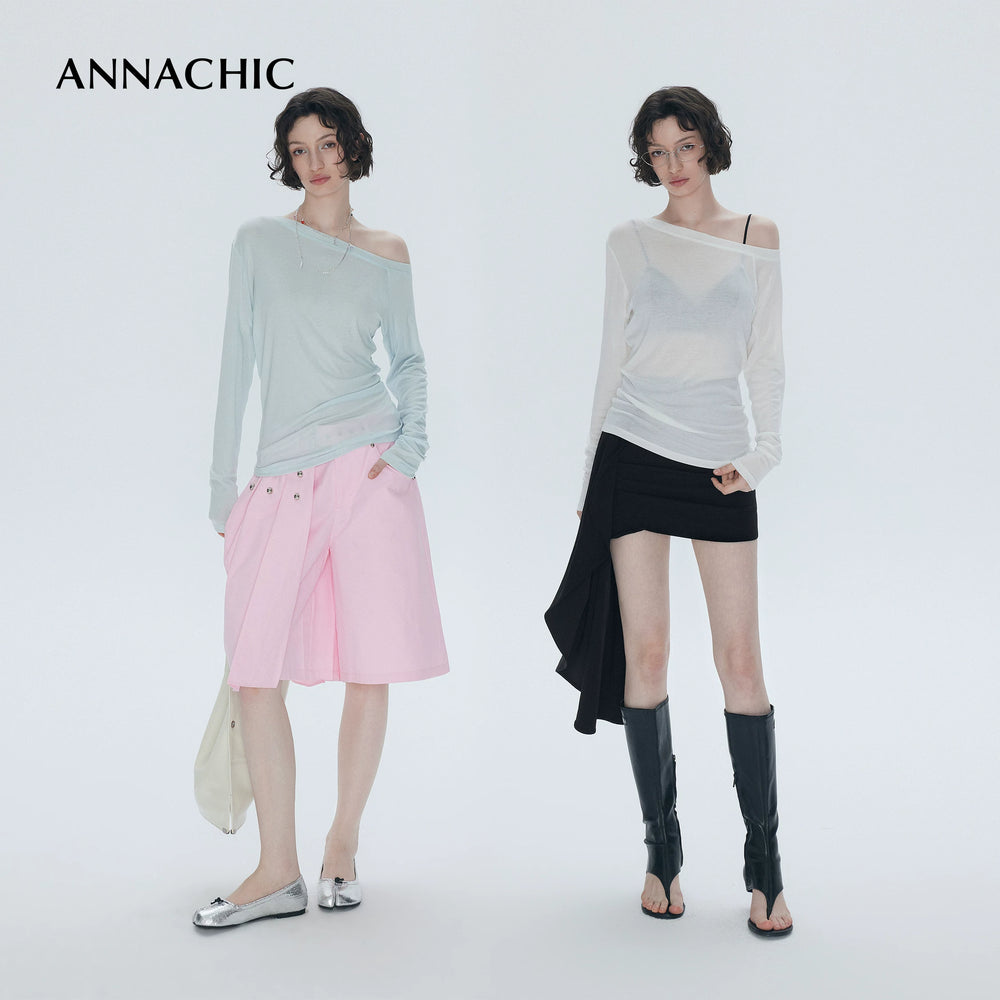 ANNASHIC full score slanted shoulder light transparent nude feeling Tencel long sleeved T-shirt women's thin sunscreen cover shirt off shoulder top