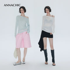 ANNASHIC full score slanted shoulder light transparent nude feeling Tencel long sleeved T-shirt women's thin sunscreen cover shirt off shoulder top