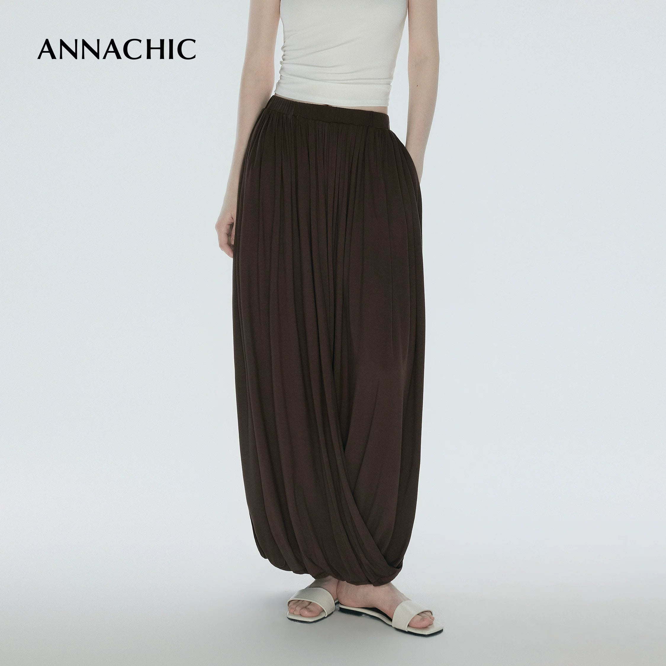 ANNASHIC Fashionable Lazy _ Double layer Knot Deconstructed Knitted Half Skirt Women's Long Skirt Pants Flower Bud Skirt