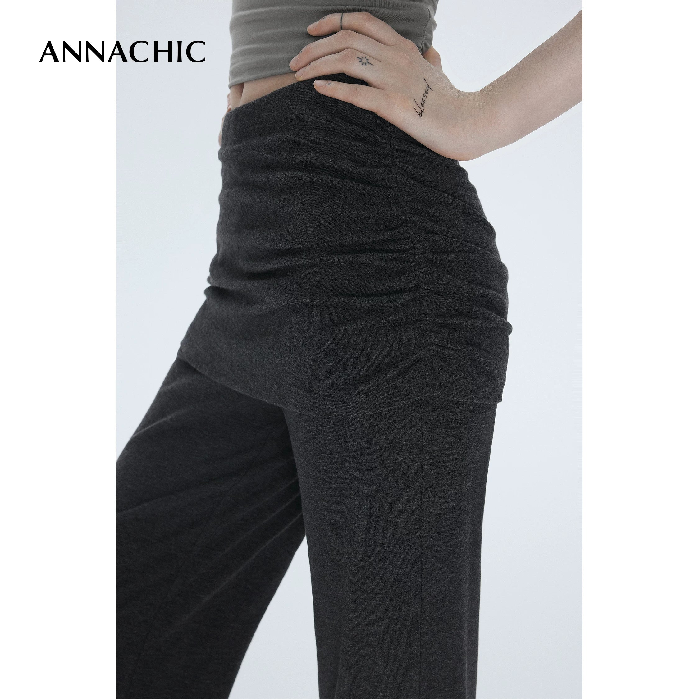 ANNASHIC slim leg pants _ Fake two-piece crotch covering fart curtain micro flared pants _ Slim fit and slimming knitted yoga pants